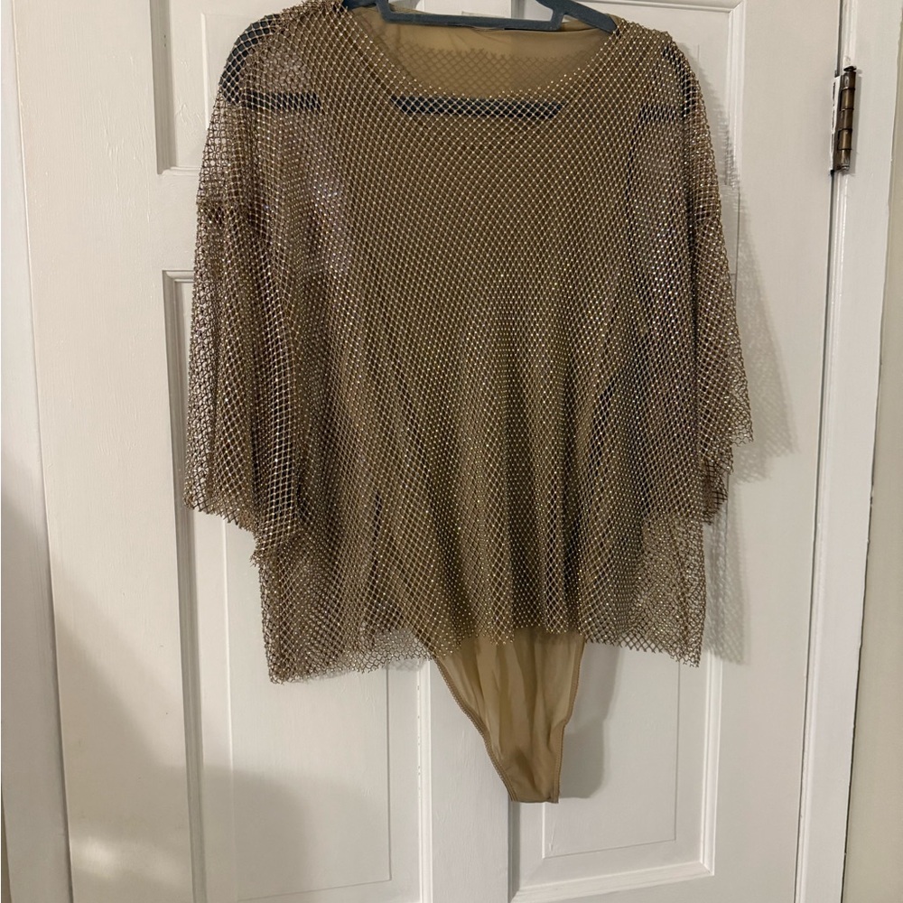 Free People Sparkle Mesh Tan Sheer Bodysuit